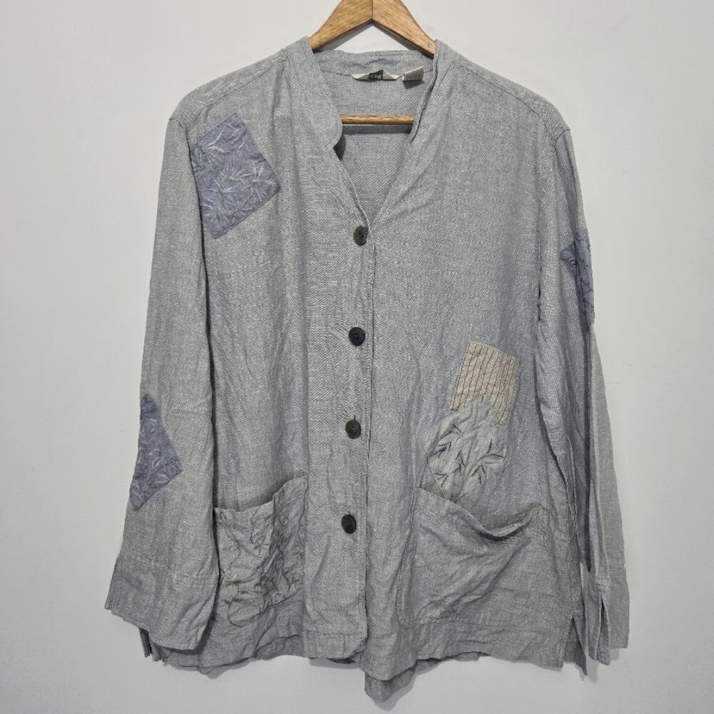 J Jill Linen Patchwork Jacket Sz S Pockets Coastal Grandma Artsy Lagenlook Lagom